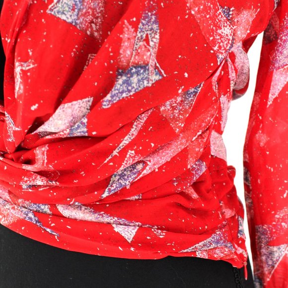 IRO Red Geometric Washable Silk Gabota Top V-Neck Long Sleeve Blouse 36 Small - Picture 6 of 10
